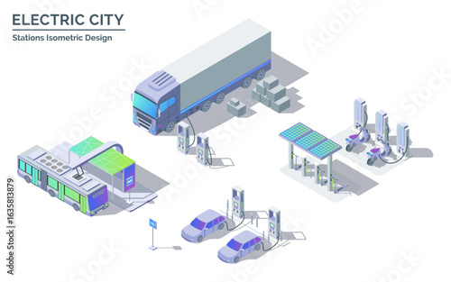 Cartoon Color Different Types Charging Station Set Electric City Transportation Concept 3d Isometric View Line Elements. Vector illustration