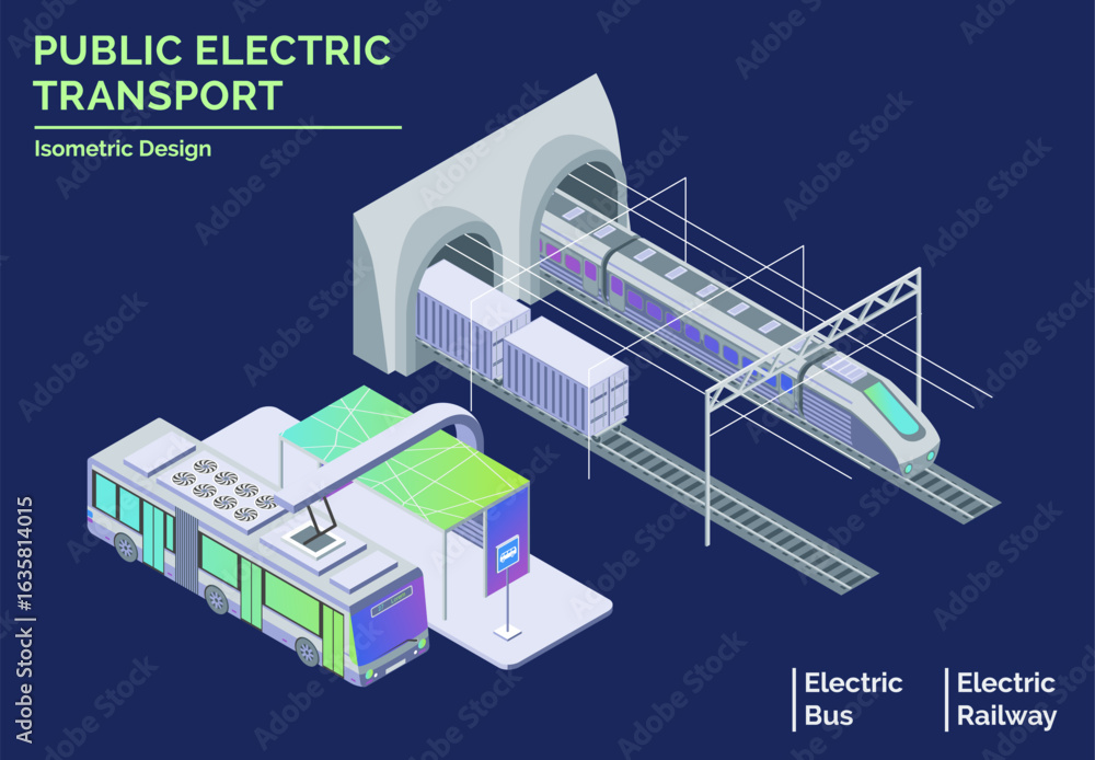 Fototapeta premium Cartoon Color Different Public Electro Transport Electric City Transportation Concept 3d Isometric View Line Elements. Vector illustration