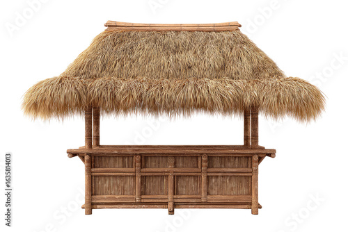 A thatched tiki bar hut.  Front view of a small,  wooden and straw hut-like bar structure