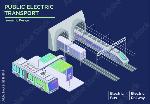 Cartoon Color Different Public Electro Transport Electric City Transportation Concept 3d Isometric View Line Elements. Vector illustration