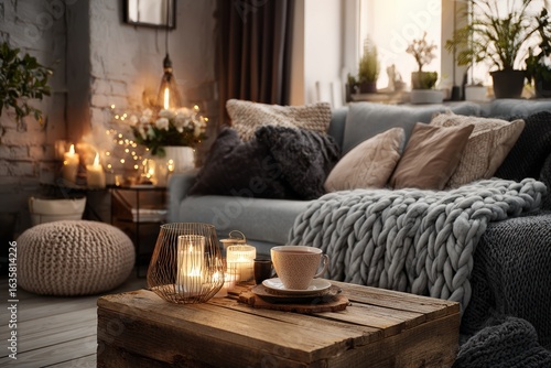 modern living room with warm lighting, indoor plants, cozy blankets and a cup of tea on the coffee table, comfortable home atmosphere 