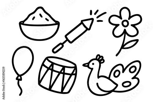 Holi Doodle Vector Illustration with Hand-Drawn Icons: Powder, Water, Balloon, Flower, Drum, Peacock