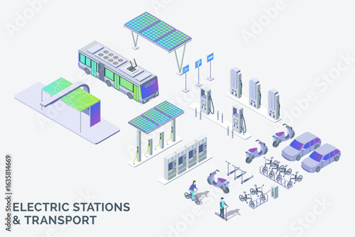 Cartoon Color Charge Station for Scooter, Car and Bus Set Electric City Transportation Concept 3d Isometric View. Vector illustration