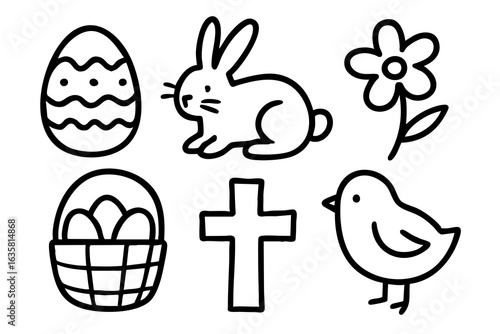 Easter Sunday Doodle Vector Illustration with Hand-Drawn Icons: Egg, Bunny, Basket, Flower, Cross, Chick