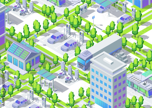 Cartoon Color Electric City Transportation with Color Charge Station for Scooter and Car Card Background 3d Isometric View Line Elements. Vector illustration