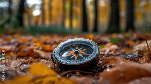 Compass on Autumn Leaves, Exploration and Adventure in the Forest