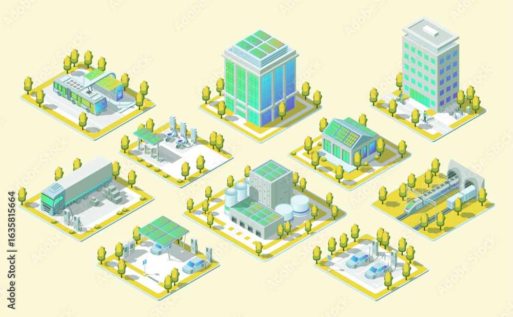 Fototapeta premium Cartoon Color Electric City Transportation Concept with Elements of Architecture and Vehicles on Platform 3d Isometric View. Vector illustration