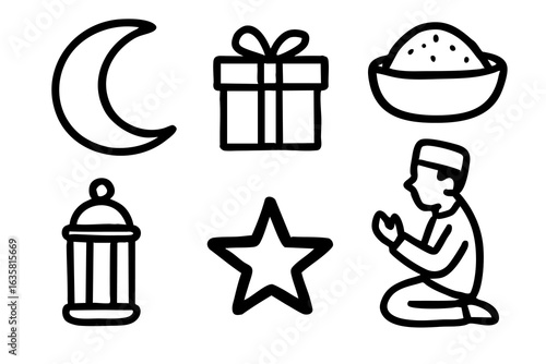 Eid al-Fitr Doodle Vector Illustration with Hand-Drawn Icons: Crescent, Star, Gift, Food, Lantern, Prayer
