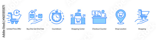 Urgent Retail Campaigns web banner icon vector illustration featuring Limited Time Offer, Buy One Get One Free, Countdown, Shopping Center, Checkout Counter, Shop Location, and Shopping.