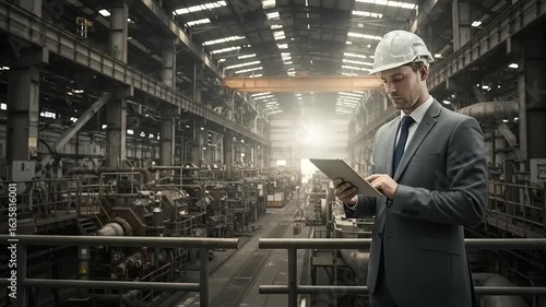 Businessman using tablet in large industrial factory