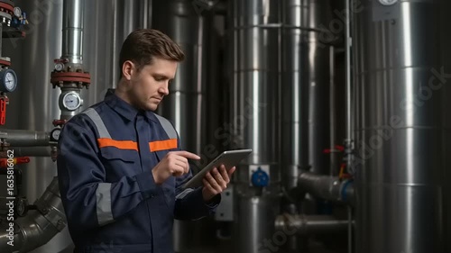 Worker using tablet in industrial setting.