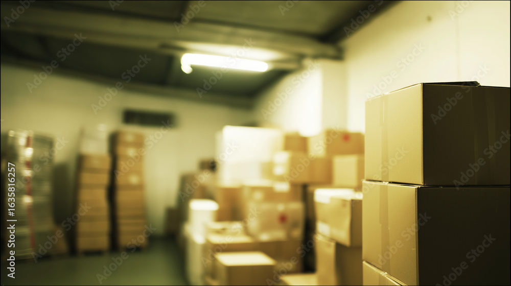 Fototapeta premium Warehouse interior with neatly stacked boxes, soft overhead light creating an orderly atmosphere.