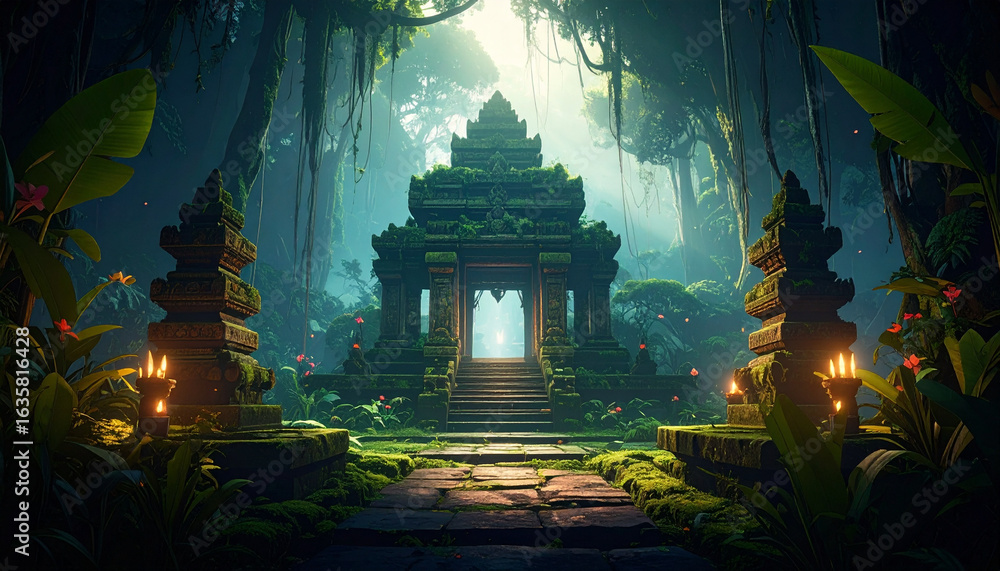 Fototapeta premium Ancient stone temple ruins surrounded by lush green jungle with soft light rays filtering through dense foliage creating mystical and tranquil atmosphere