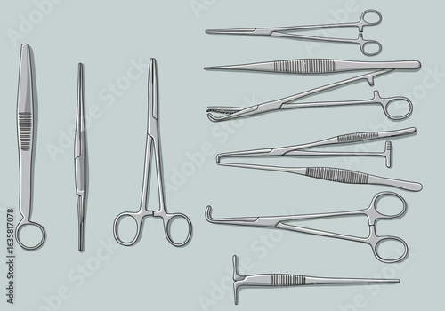 Illustration of Various Stainless Steel Surgical Instruments on a Light Blue Background.