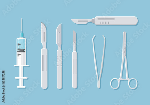 Surgical Instruments Set: Scalpels Syringe Forceps and Scissors on Blue Background.