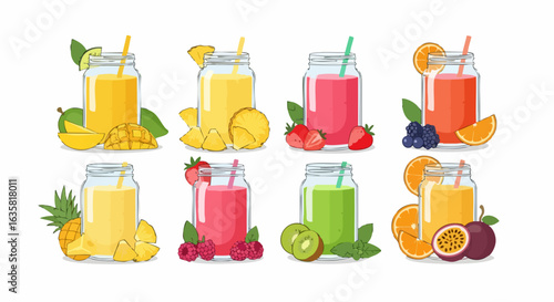 Variety of fruit smoothies in glass jars