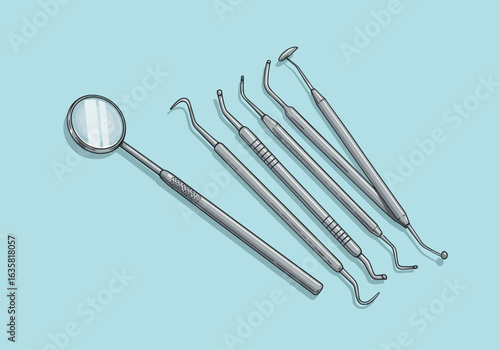 Dental Instruments Set: Mirror Probes and Scalers for Oral Care.