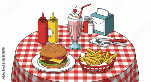 Table set with burger fries and milkshake illustration