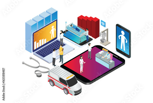 Modern Isometric Smart Health Care Hospital Network Technology Illustration in White Isolated Background With People and Digital Related Asset