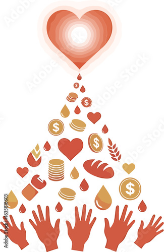 Symbolic illustration of charity and donation with a heart giving food, money, and support.