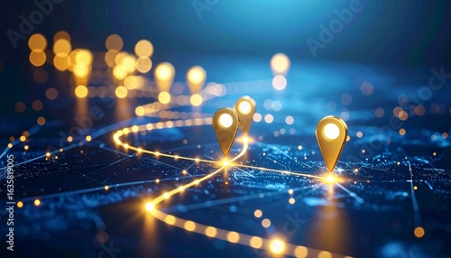 Technology roadmap illustration with golden pin pointers marking path on blue background with sparkles. infrastructure upgrades, software implementation, future innovations. 