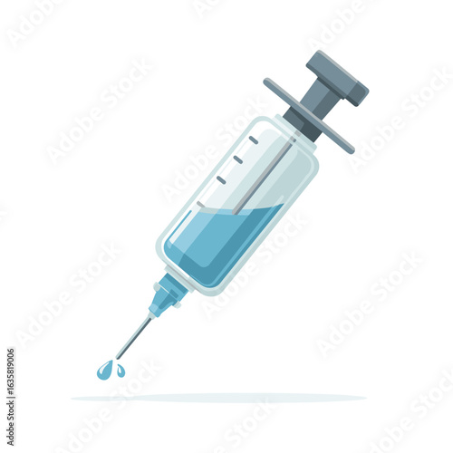 Syringe filled with blue liquid dripping at the tip on a white background in a medical context