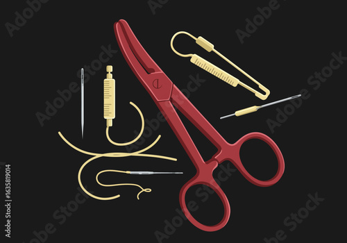 Surgical Instruments: Red Forceps Needles and Suture Material on Black Background.