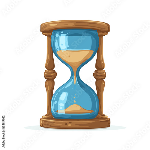 Hourglass with blue sand flowing in a wooden frame, showcasing the passage of time and measurement