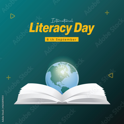 Open book with glowing earth above symbolizing global literacy and education day celebration