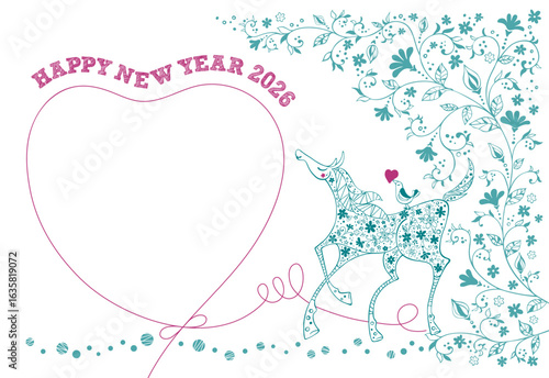 小花を纏い鳥を背にした馬とハートの2026年の年賀状～グリーンとピンク～