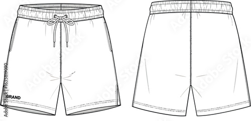 Sports shorts technical flat sketch. Vector apparel design template with front and back views.