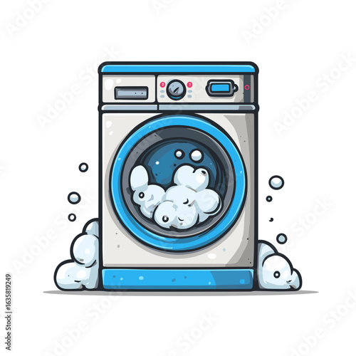Cartoon washing machine overflowing with bubbles during a laundry day at home