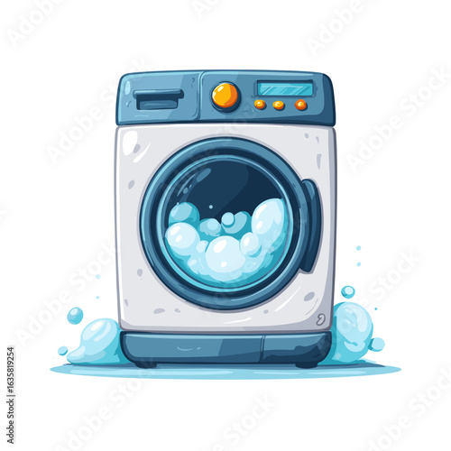 Washing machine with bubbles and water splashes in a bright, cheerful setting
