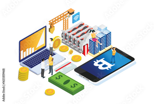 Modern Isometric Smart GPU Bitcoin Mining Rig Production Technology Illustration in White Isolated Background With People and Digital Related Asset