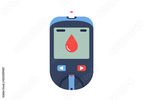 Cartoon Blood Glucose Meter with Red Drop Displayed on Screen.