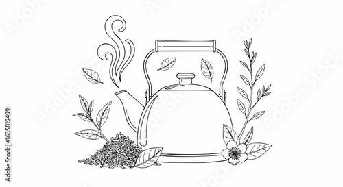 Simple line art illustration of tea kettle with tea leaves