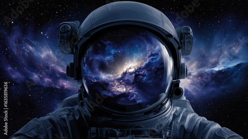 Fototapeta Naklejka Na Ścianę i Meble -  An astronaut calmly observing the starry expanse, vivid reflections of galaxies in the helmet visor, set against a glowing cosmic cloud of gas and distant starlight space hero, cel