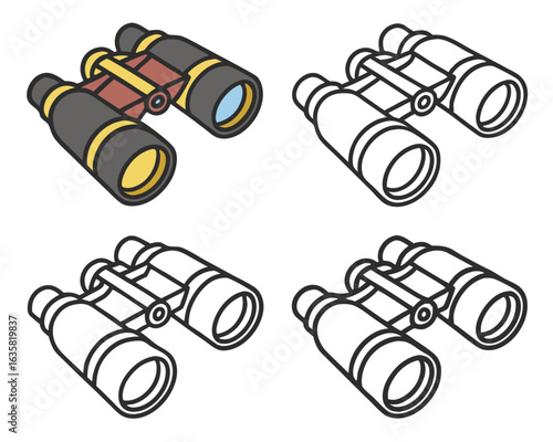 Vector art of set of four binoculars, one colored and three outlined, isolated on a white background
