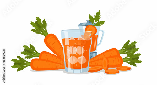 Carrot juice and fresh carrots illustration