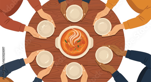 A diverse group of people sharing a communal meal from a single pot of soup