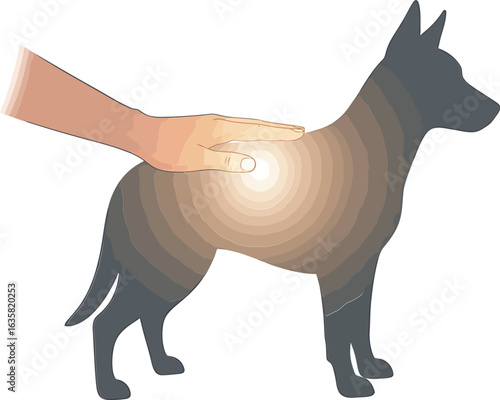 Conceptual illustration of animal therapy with healing energy touch for a dog