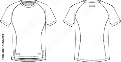 Men's raglan sleeve athletic t-shirt technical flat sketch, apparel design concept