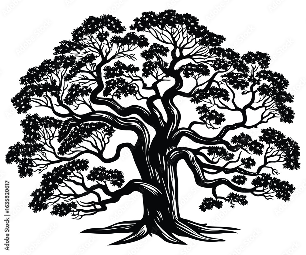 Fototapeta premium intricate silhouette of large tree with twisted branches and dense foliage on white background