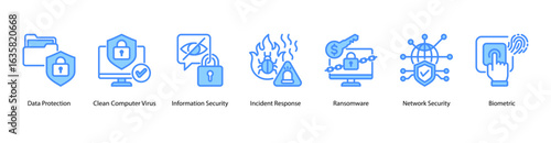 Malware and Network Security web banner icon vector illustration featuring Data Protection, Clean Computer Virus, Information Security, Incident Response, Ransomware, Network Security, and Biometric.