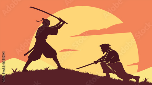 Silhouette of two samurai warriors fighting with katana swords in a duel on a hill with a sunset background in a vector illustration
