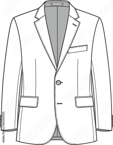 Men's classic two-button suit jacket technical fashion flat sketch.