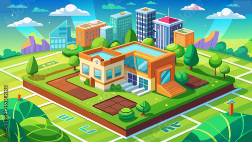 Land plot management - real estate concept with a vacant land on a green field available for building construction in a residential area against an imaginary cadastral 