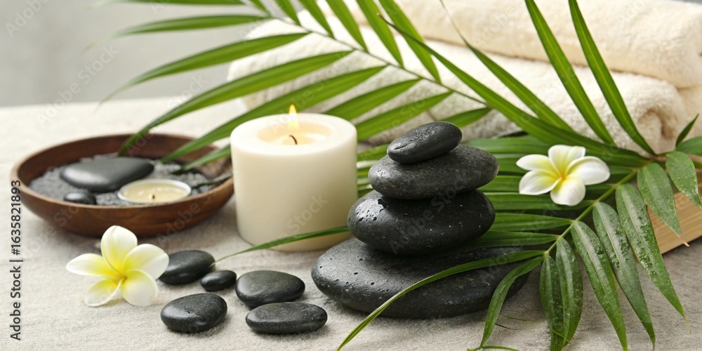 Fototapeta premium Clean spa-themed still life with smooth black pebbles, green palm leaves, and relaxing balance.