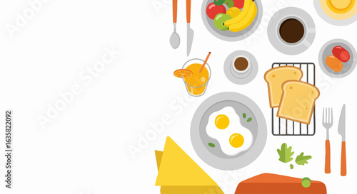 Colorful breakfast arrangement illustration with fruits eggs coffee and toast