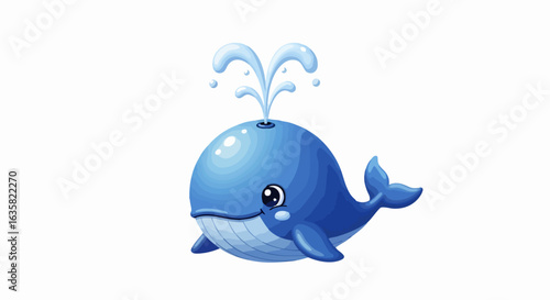 Cartoon whale illustration with water spout against white background
